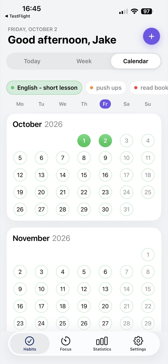 HabitsFlow calendar with completed days highlighted