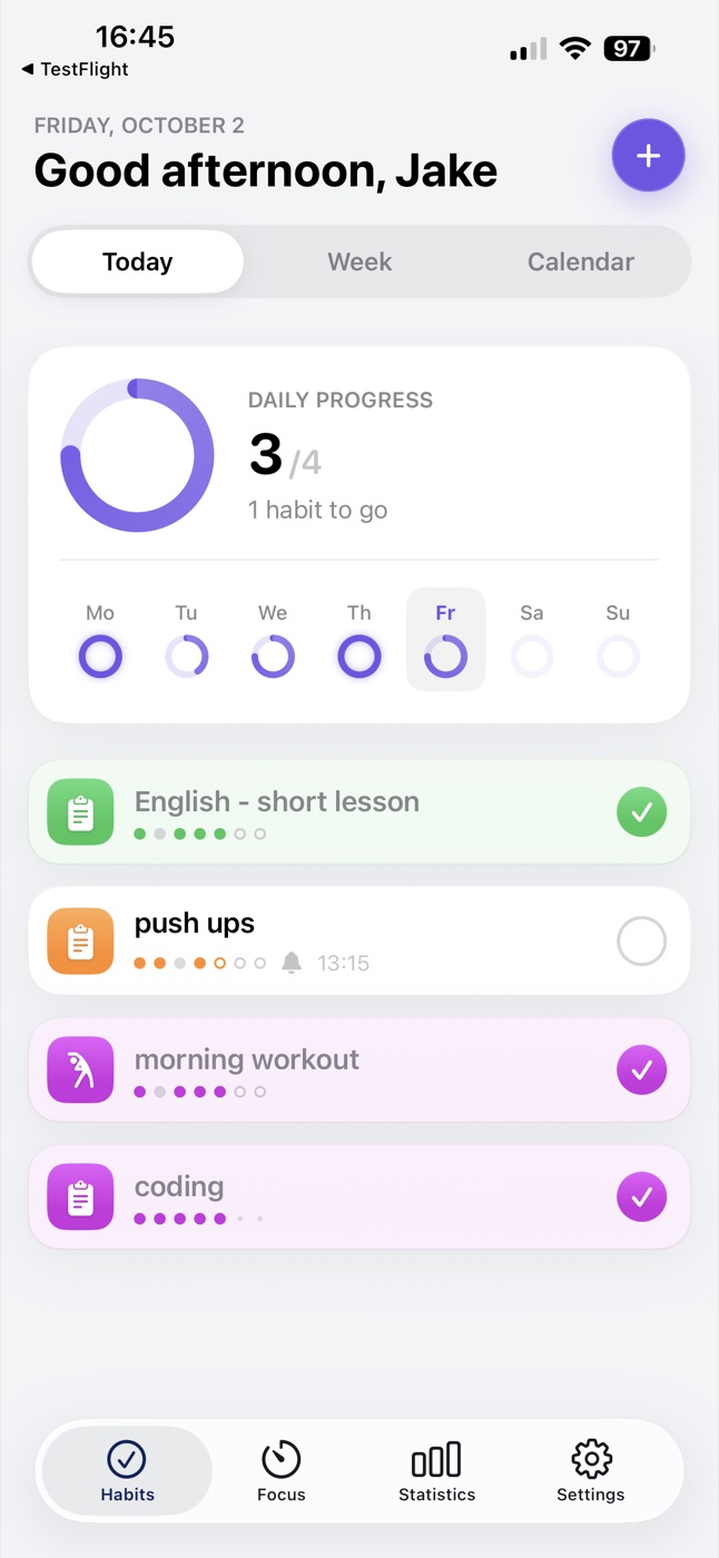 HabitsFlow Today screen with the daily progress ring and a list of habits