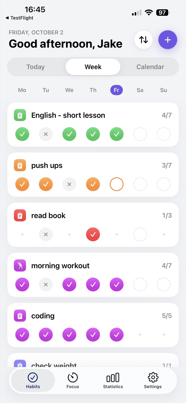 HabitsFlow week view with done and skipped days for each habit