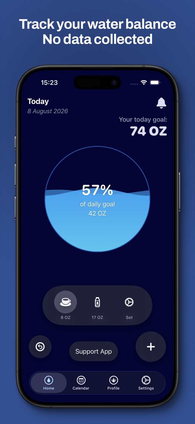 WaterTotter home screen: a water circle filled to 57 percent of a 74 oz daily goal