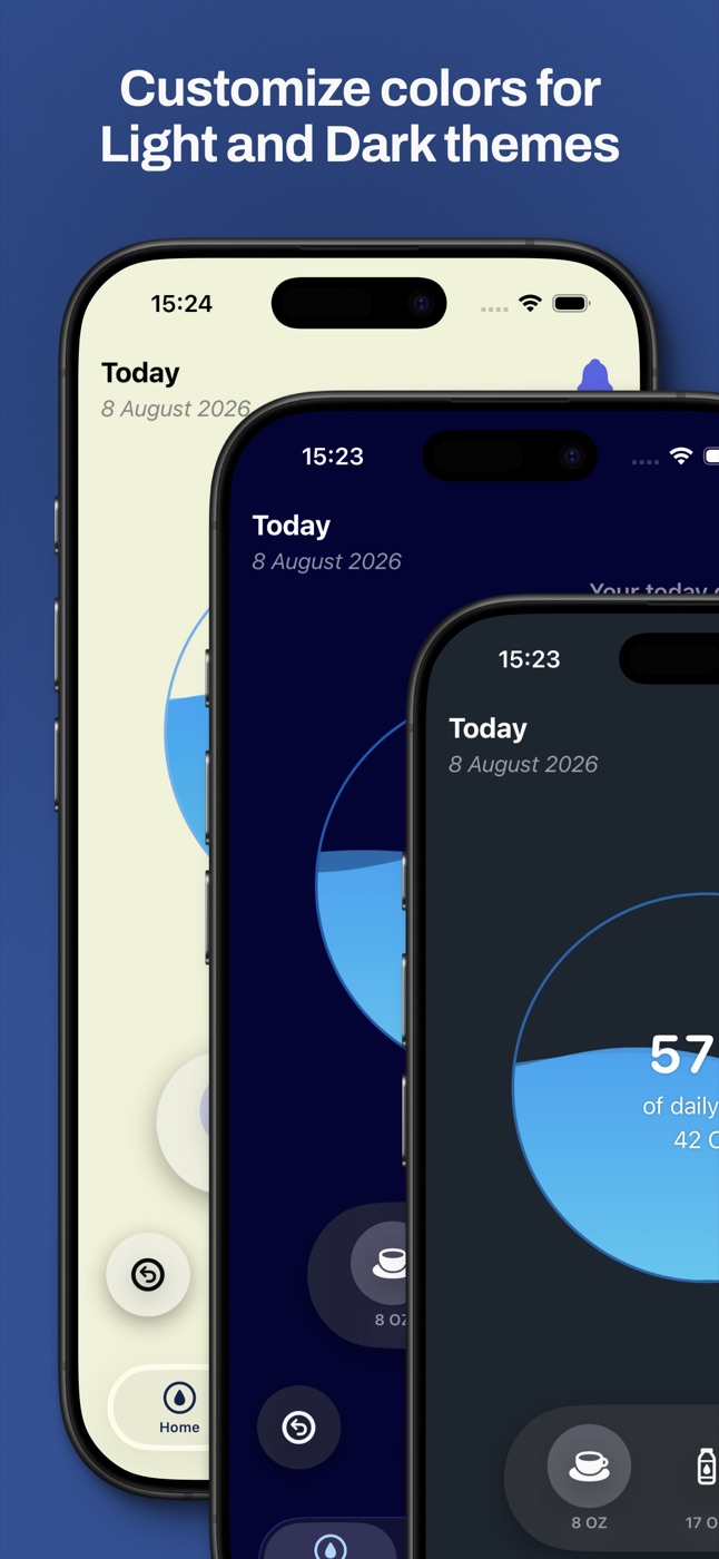 WaterTotter in three color themes: light, deep blue and graphite