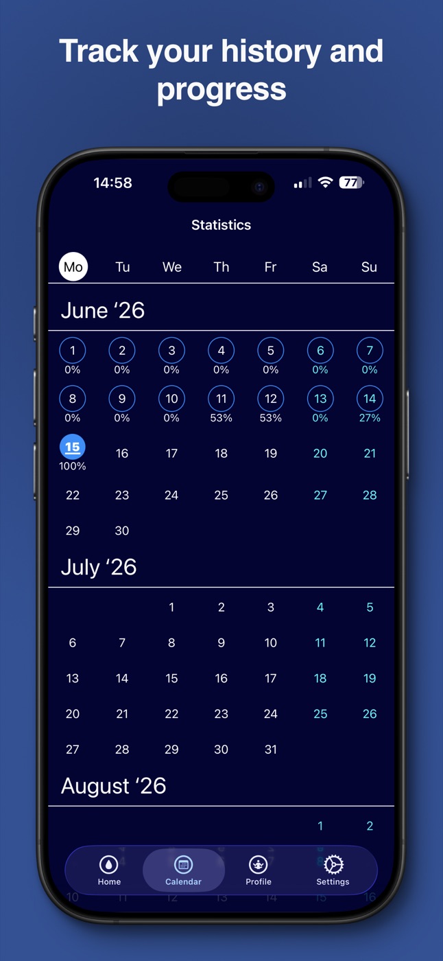 WaterTotter calendar showing the daily goal percentage for each day